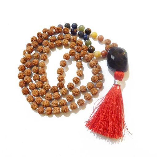 Rudraksha Mala with Amethyst Dark Faceted Tumble Pendant