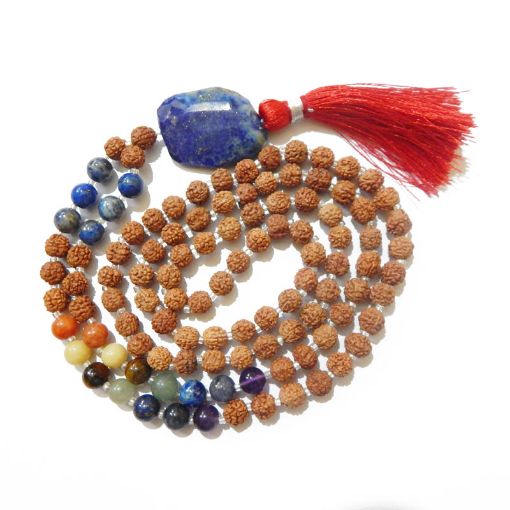 Rudraksha Mala with Lapis Lazuli Faceted Tumble Pendant