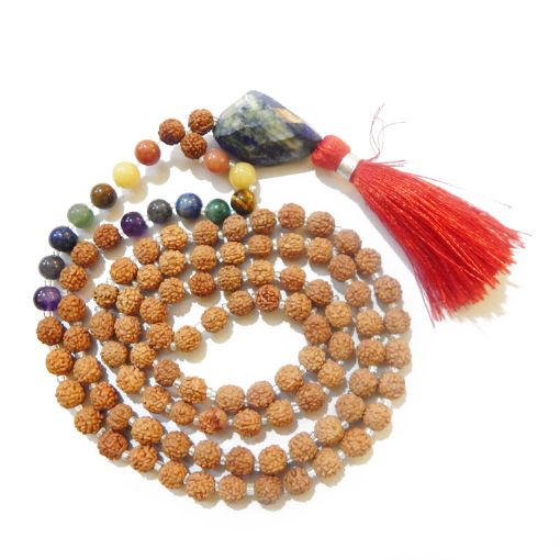 Rudraksha Mala with Lapis Lazuli Faceted Tumble Pendant