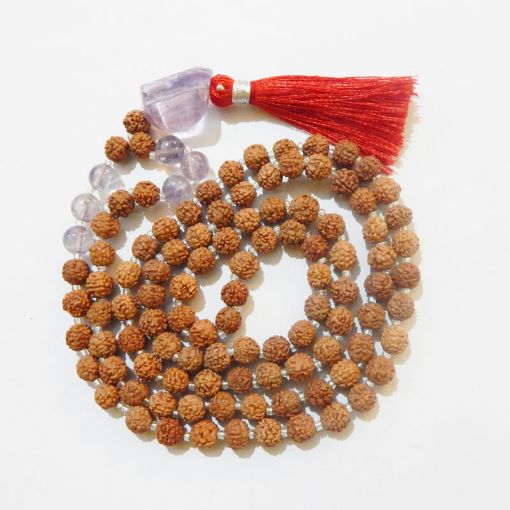 Rudraksha Mala with Amethyst Light Faceted Tumble Pendant