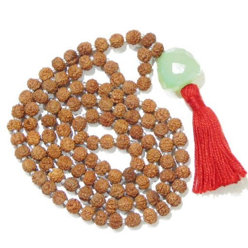 Rudraksha Mala with Aqua Onyx Faceted Tumble Pendant