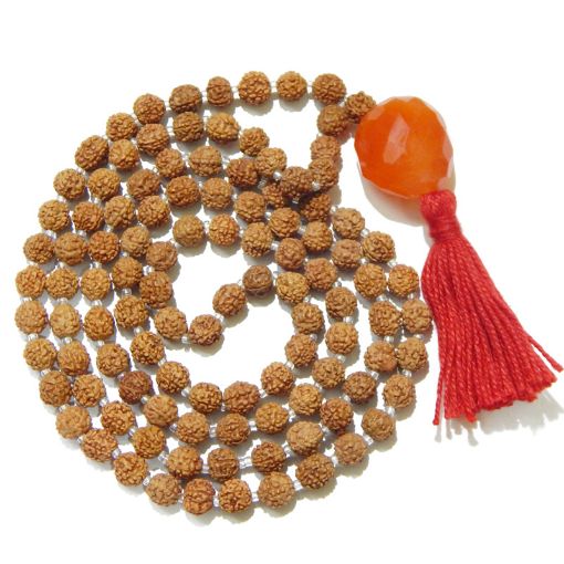 Rudraksha Mala with Carnelian Faceted Tumble Pendant