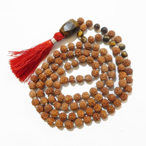 Rudraksha Mala with Tiger Eye Faceted Tumble Pendant